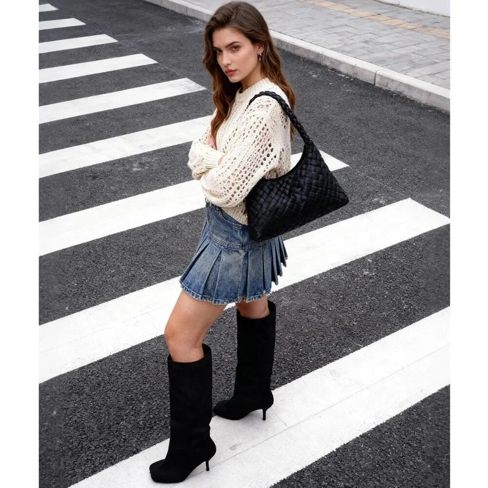 Women's Black Wide Calf Square Toe Stiletto Heels Knee High Suede Boots